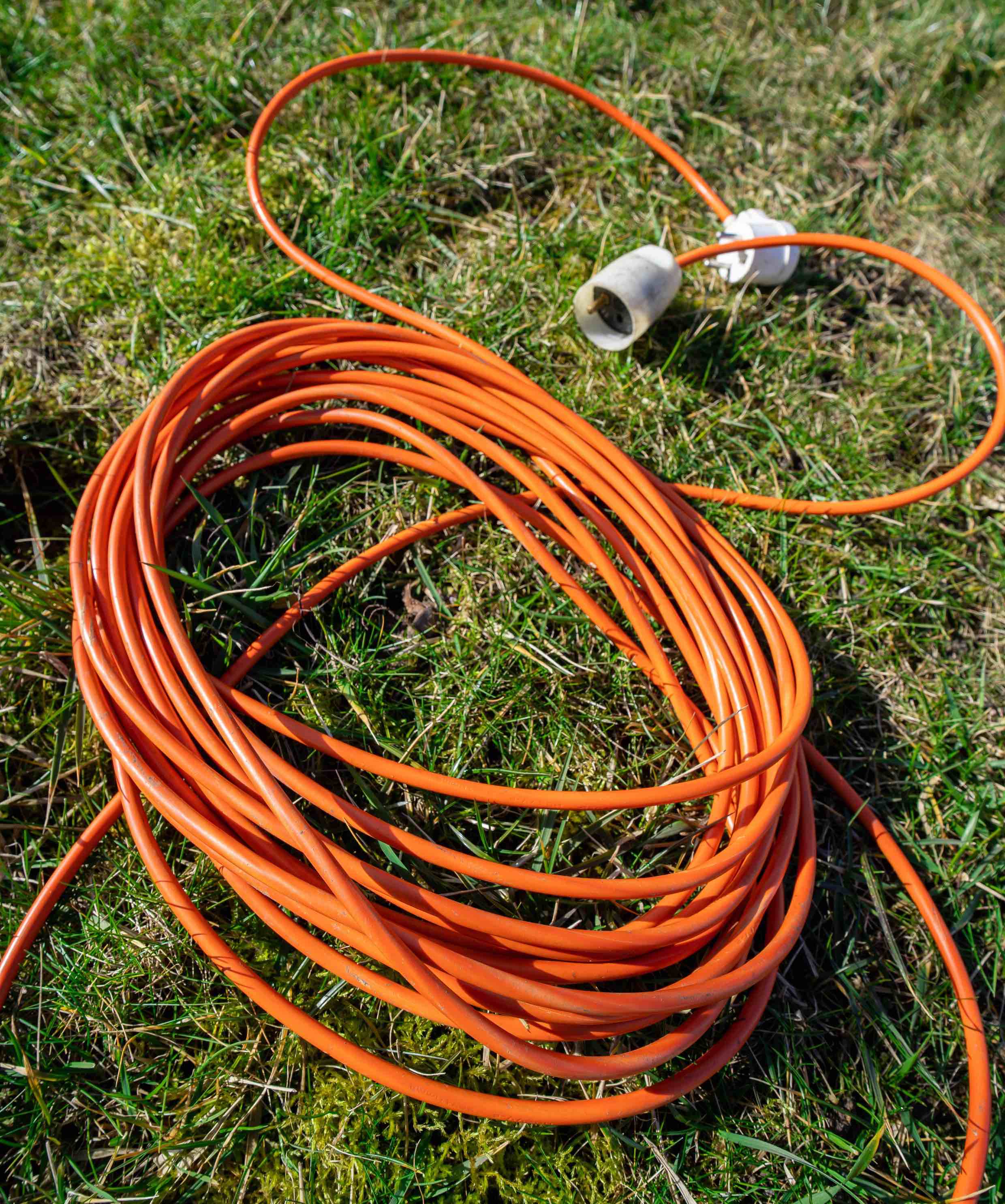 An orange extension cord in the grass - use extensions cords for your outdoor lighting.