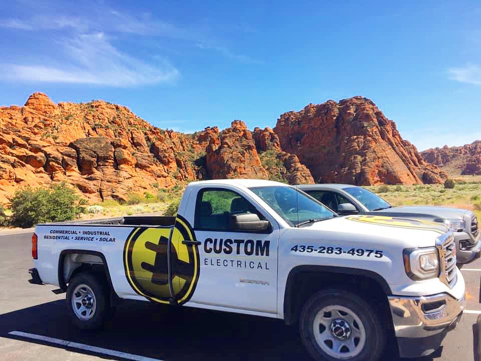 Custom Electrical parked outside in desert mountains providing amazing electrical services in Utah.